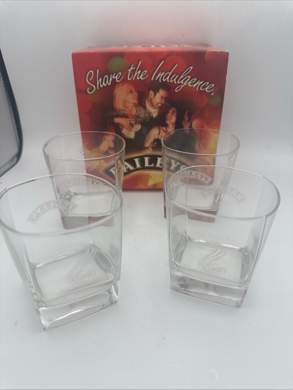 set of four Baileys Irish Cream liqueur rocks glasses w/ etched logos w/ Box